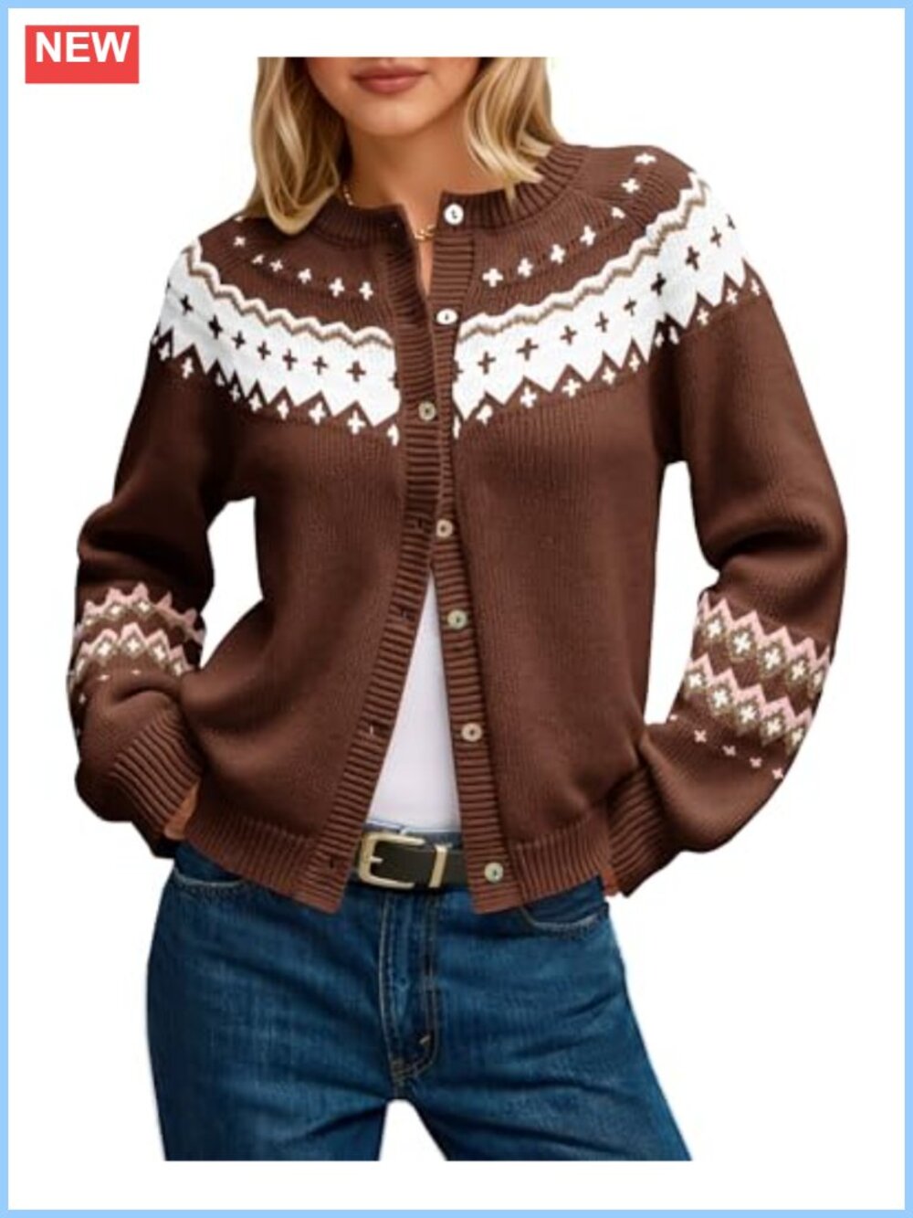 Fair Isle Cardigan Button Up Long Sleeve Open Front Knit Sweater Coat Women